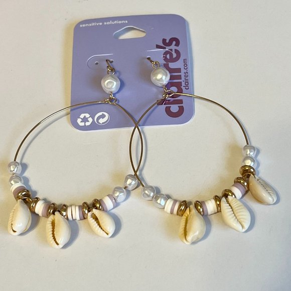 Gold Cowrie Shell White Freshwater Pearl Earrings Island Beach BIG Hoops Plated - Picture 4 of 11